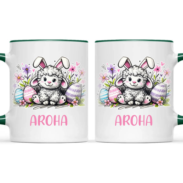 Personalised Easter Mug – Cute Lamb with Bunny Ears & Eggs – Custom Name Kids Cup – Ceramic or Enamel – NZ Made Gift