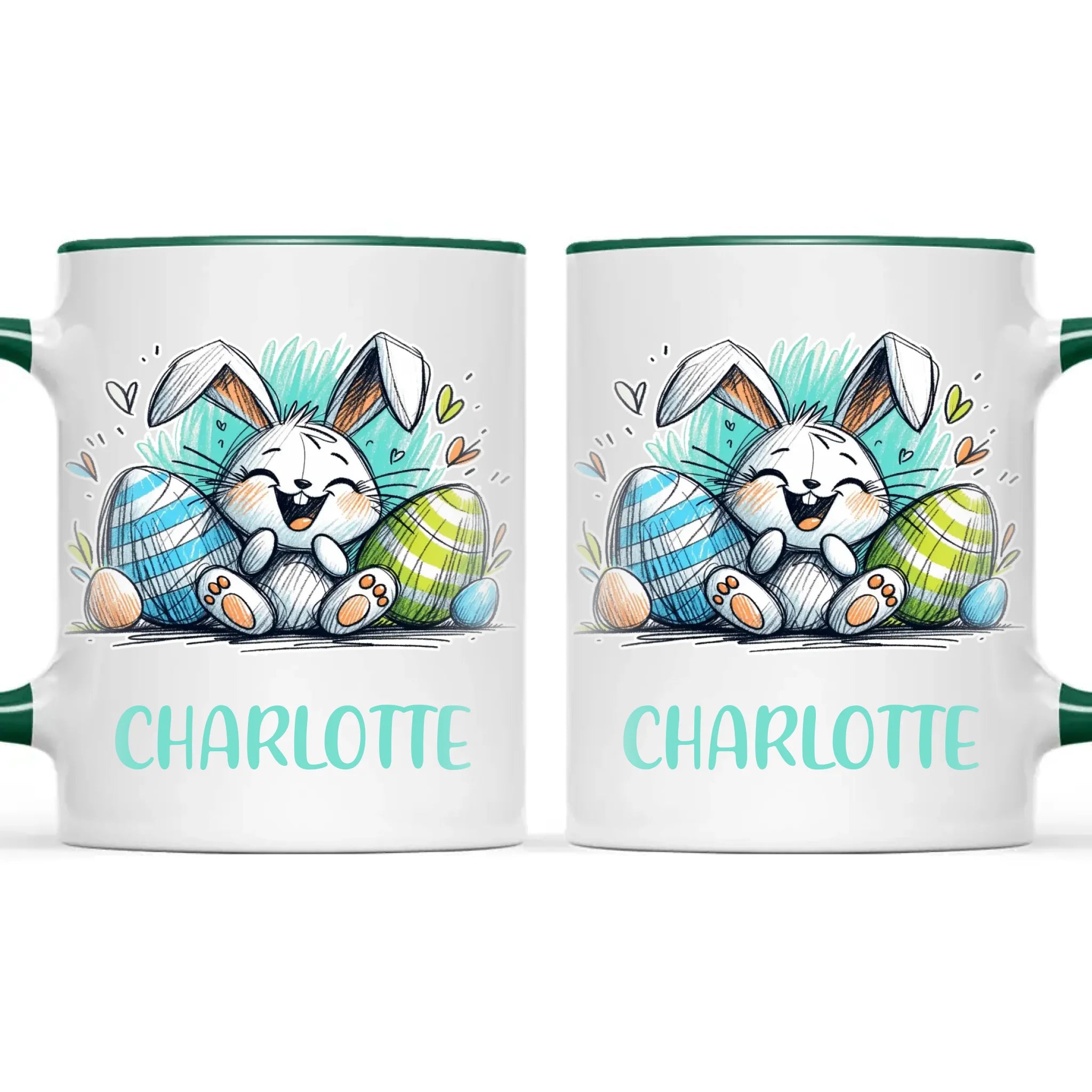 Personalised Easter Bunny Mug – Custom Name Cup for Kids – Happy Sketch Bunny with Colourful Eggs – Ceramic or Enamel – NZ Made