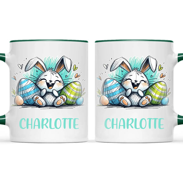 Personalised Easter Bunny Mug – Custom Name Cup for Kids – Happy Sketch Bunny with Colourful Eggs – Ceramic or Enamel – NZ Made