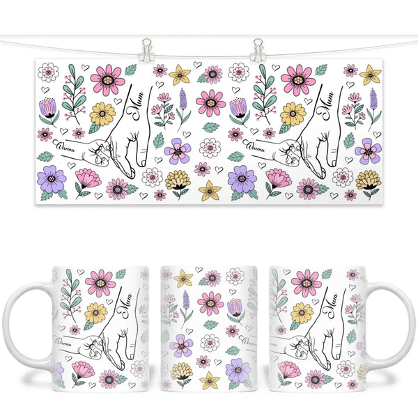 Personalised Floral Mum & Child Mug – Custom Hand-Holding Design with Kids’ Names – Mother’s Day Gift from Children