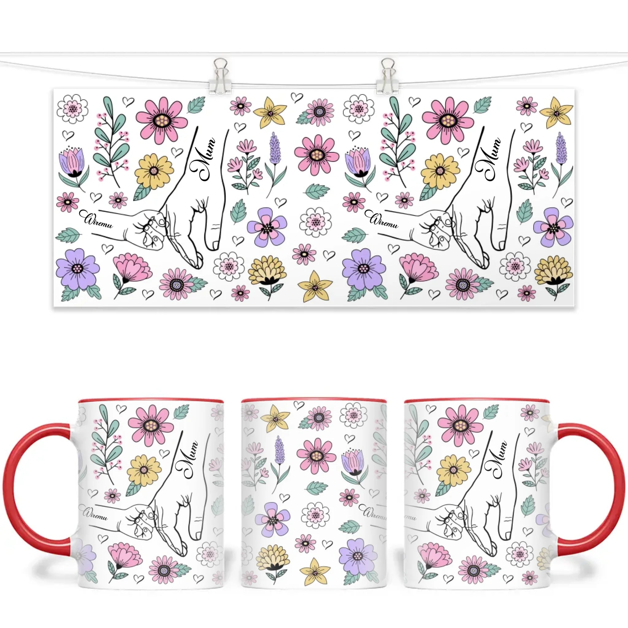 Personalised Floral Mum & Child Mug – Custom Hand-Holding Design with Kids’ Names – Mother’s Day Gift from Children