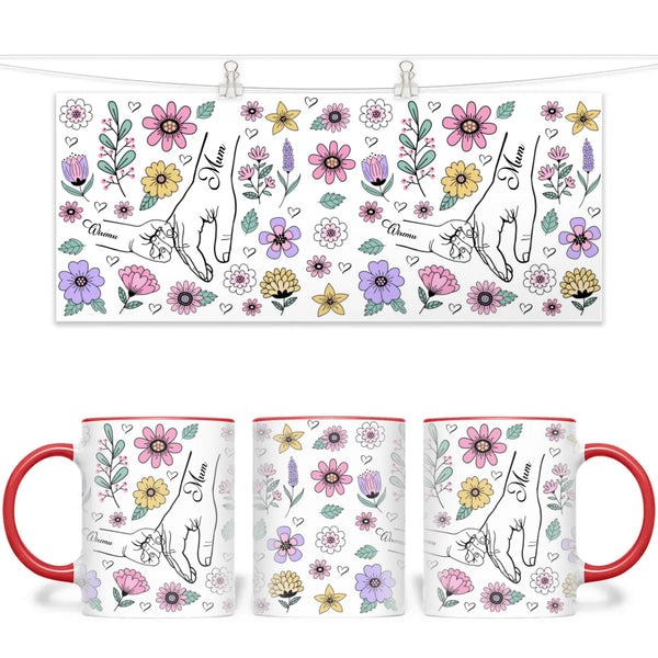 Personalised Floral Mum & Child Mug – Custom Hand-Holding Design with Kids’ Names – Mother’s Day Gift from Children