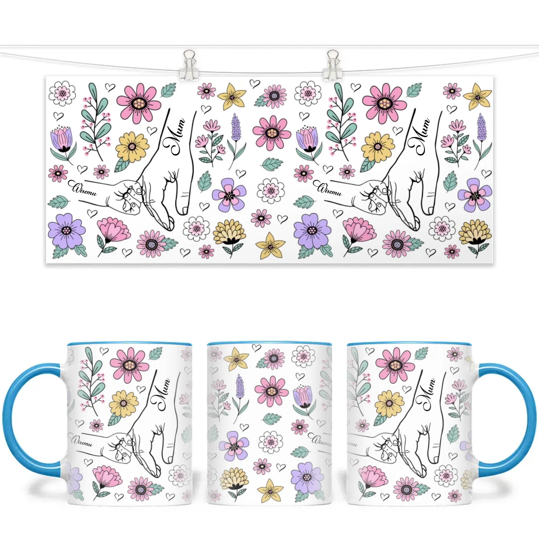 Personalised Floral Mum & Child Mug – Custom Hand-Holding Design with Kids’ Names – Mother’s Day Gift from Children