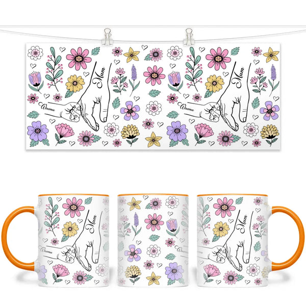 Personalised Floral Mum & Child Mug – Custom Hand-Holding Design with Kids’ Names – Mother’s Day Gift from Children