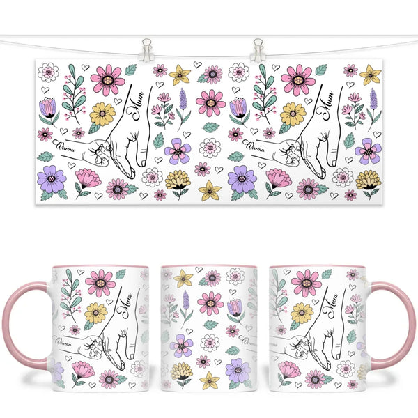 Personalised Floral Mum & Child Mug – Custom Hand-Holding Design with Kids’ Names – Mother’s Day Gift from Children