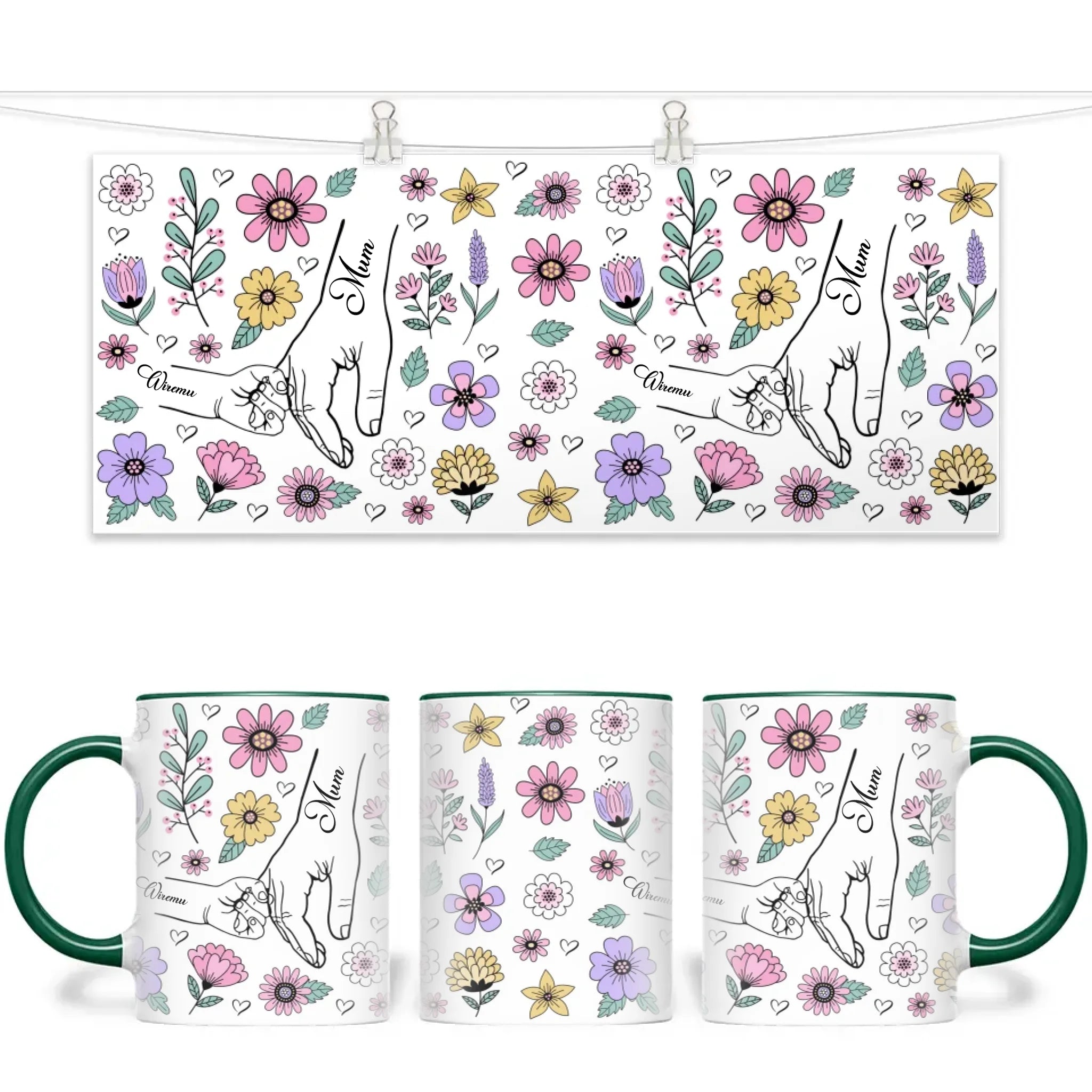 Personalised Floral Mum & Child Mug – Custom Hand-Holding Design with Kids’ Names – Mother’s Day Gift from Children