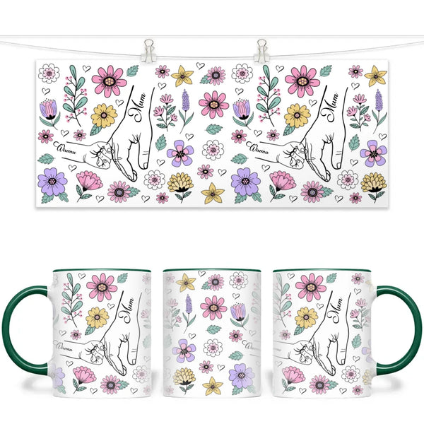 Personalised Floral Mum & Child Mug – Custom Hand-Holding Design with Kids’ Names – Mother’s Day Gift from Children