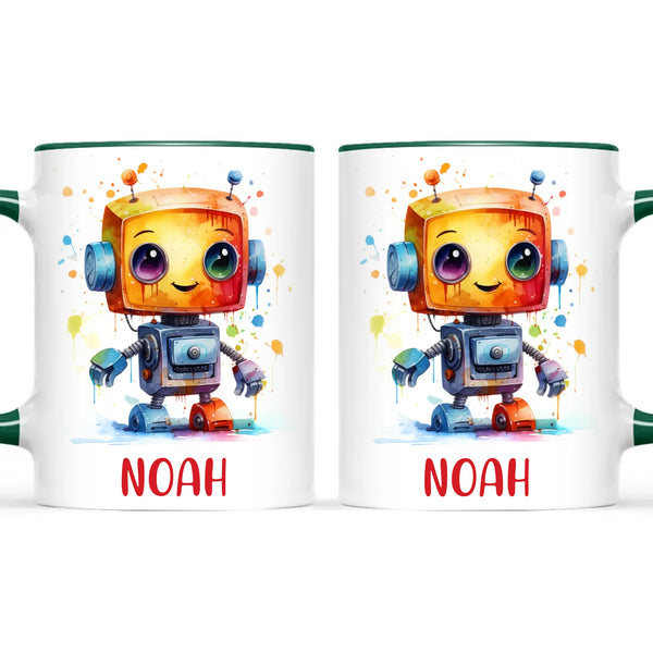 Personalised with Name, Colourful Robot Kids Mug – Customised Robot Character Cup for Children – Available in 11oz, 6oz & Enamel Options