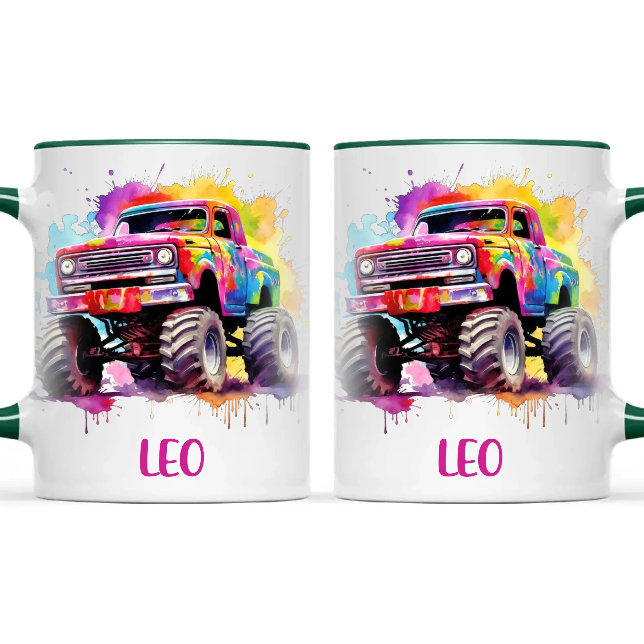 Personalised Colour Splash Monster Truck Cup - Custom Name Kids Mug - Vibrant Off-Road Design - 11oz, 6oz or Enamel - NZ Made