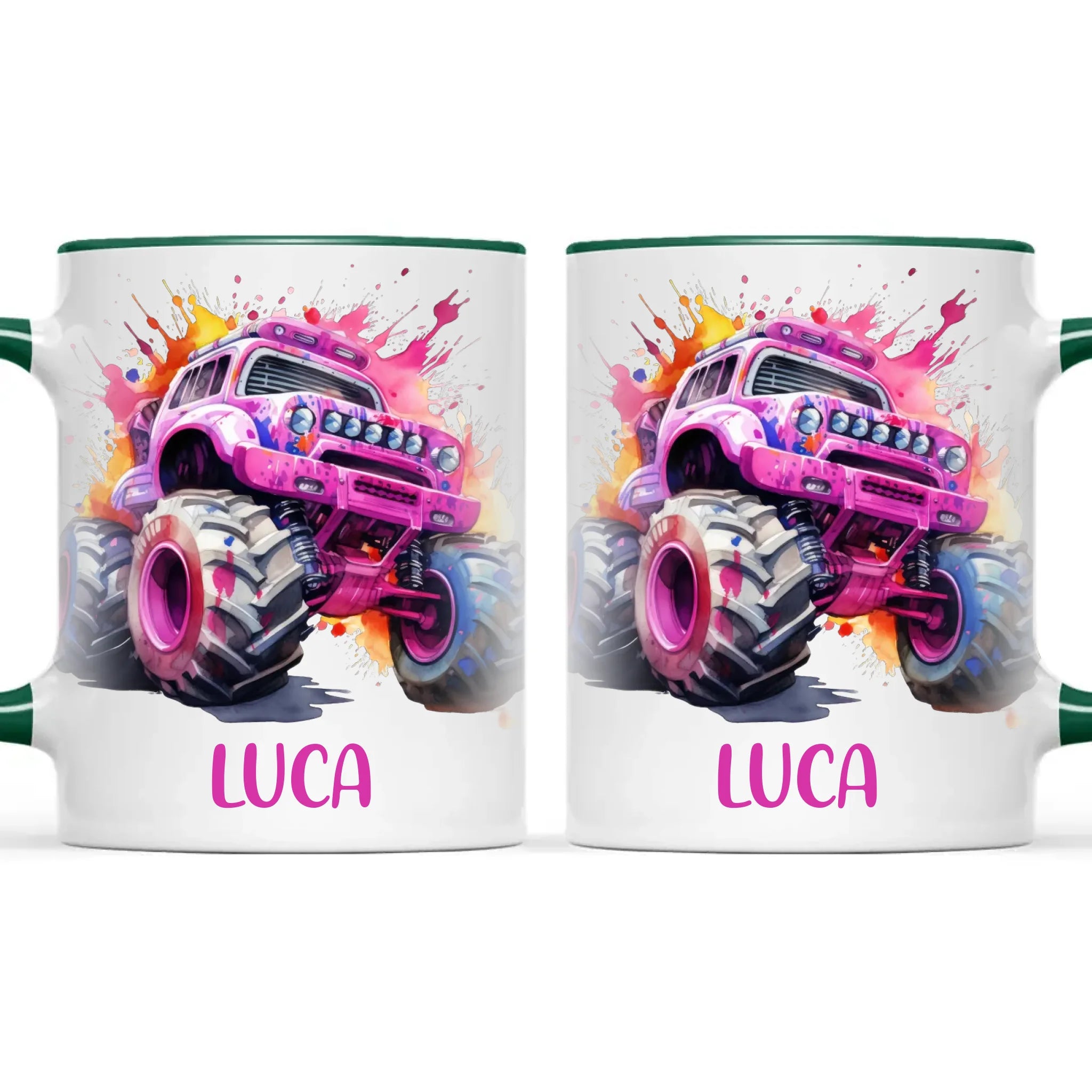Personalised Monster Truck Cup - Custom Name Kids Mug - Pink Watercolour Monster Truck Design - 11oz, 6oz or Enamel - NZ Made