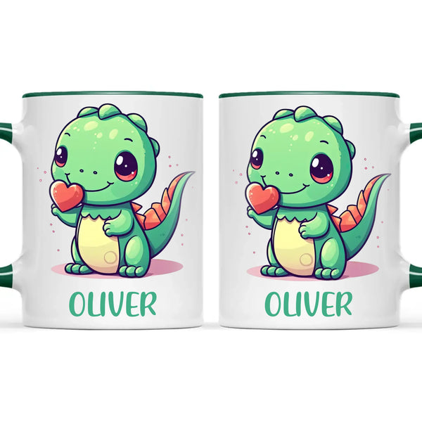 Personalised Cute Dinosaur Kids Cup - Custom Name Dino Mug - 11oz, 6oz or Enamel - Heart Holding Dinosaur Gift - NZ Made