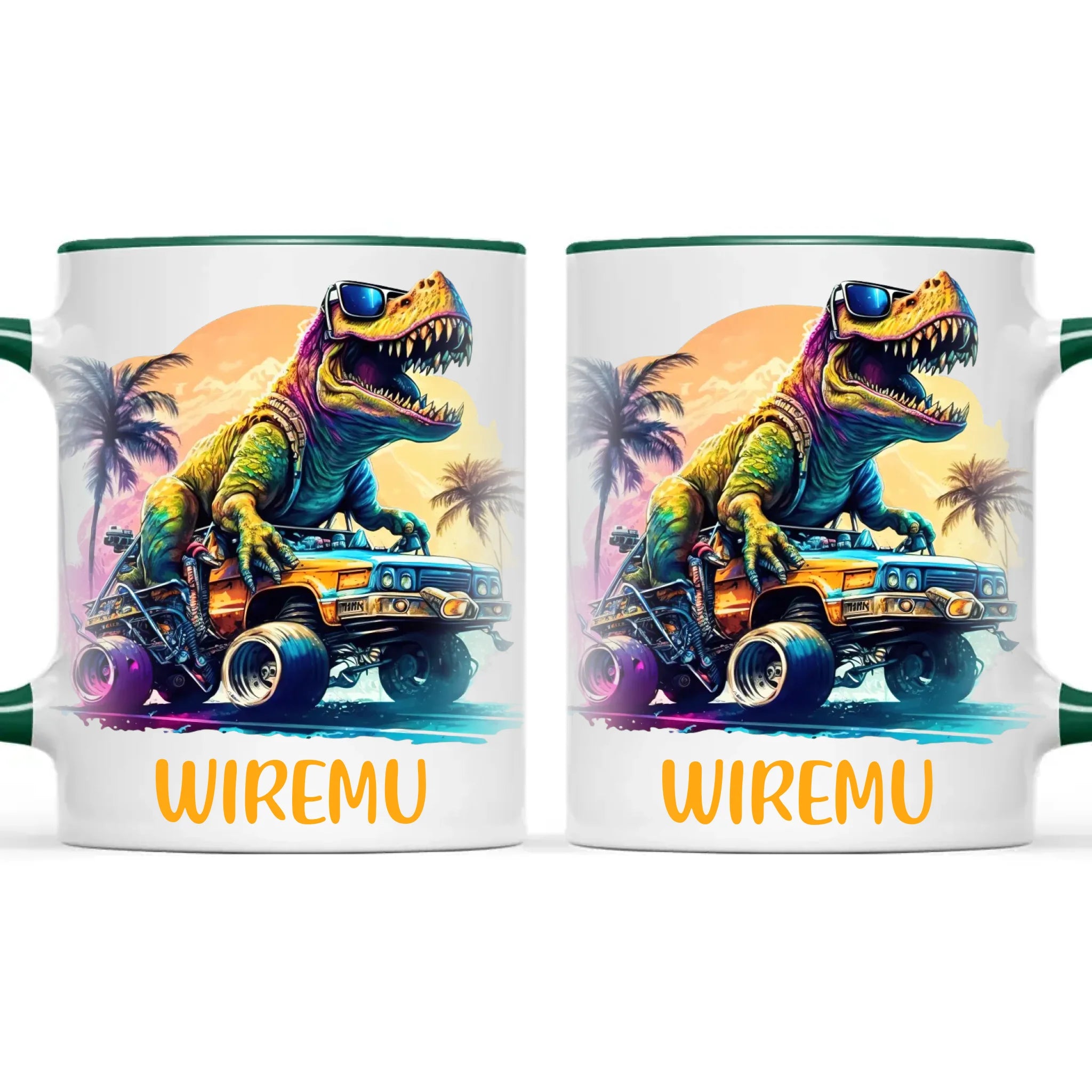 Personalised with Name, Cool Dinosaur Beach Cruiser Kids Mug – Customised T-Rex Car Adventure Cup for Children – Available in 11oz, 6oz & Enamel Options