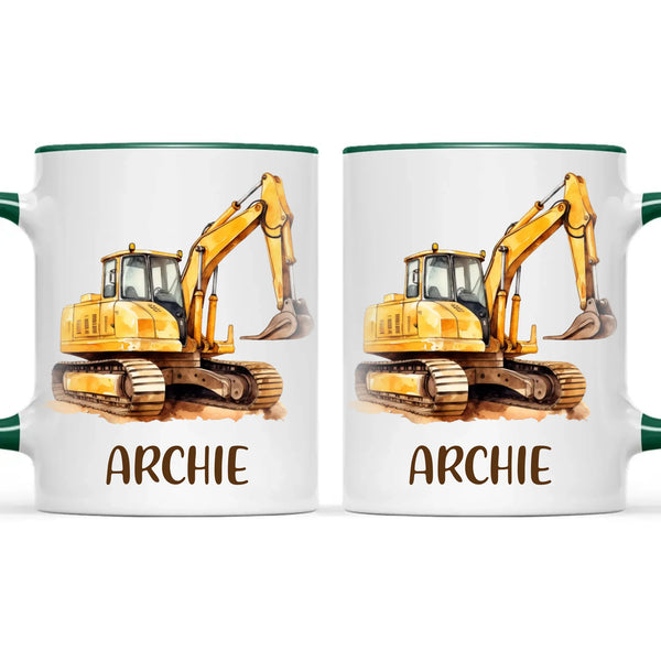 Personalised with Name, Digger Excavator Kids Mug – Custom Construction Vehicle Cup for Children – Available in 11oz, 6oz & Enamel