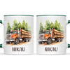 Personalised with Name, Orange Logging Truck Kids Mug – Custom Forest Truck Cup for Children – Available in 11oz, 6oz & Enamel