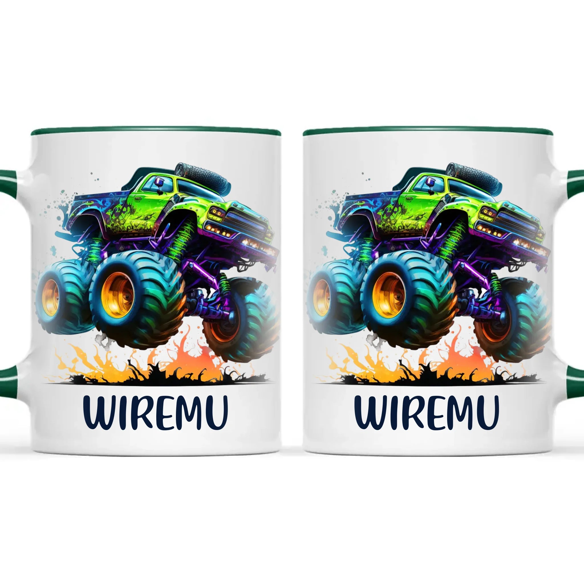 Personalised with Name, Green Monster Truck Kids Mug – Custom Off-Road 4x4 Cup for Children – Available in 11oz, 6oz & Enamel Options