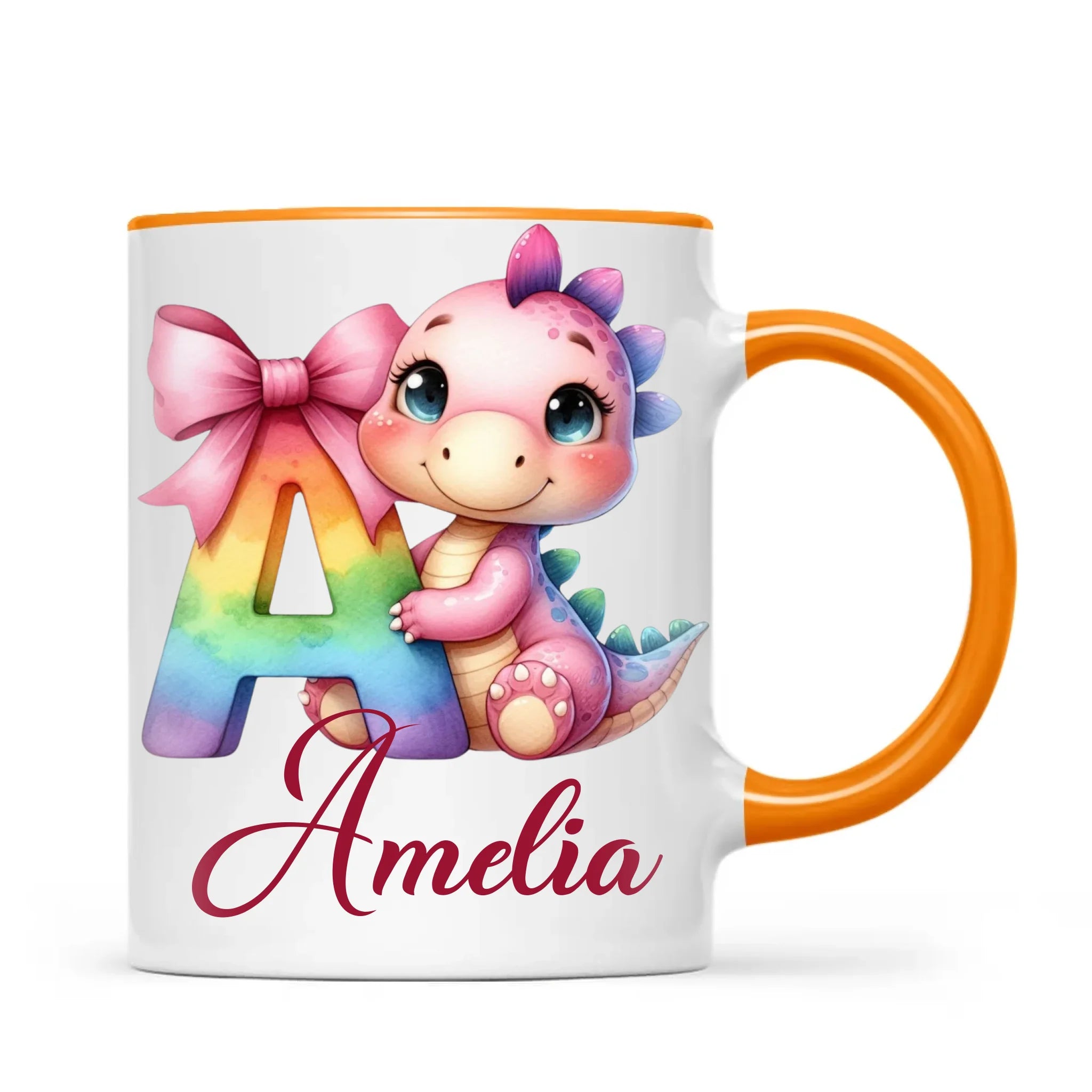 Personalised Pink Dino Alphabet Kids Mug – Custom Name Cup with Cute Dinosaur & Letter Design | 11oz, 6oz & Enamel Options