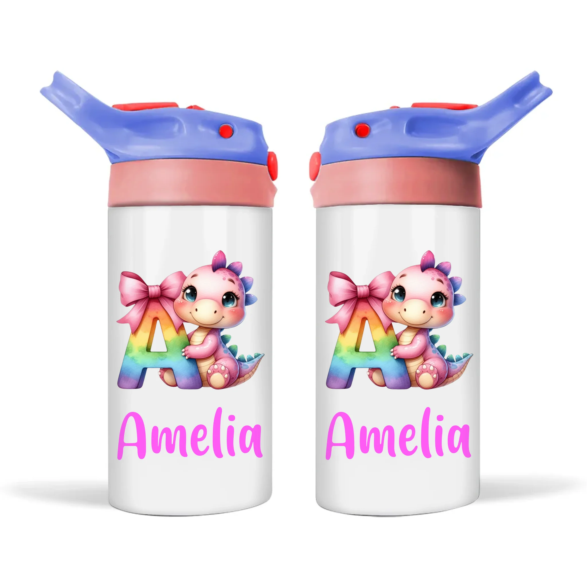 Personalised Pink Dino Alphabet Kids Sippy Bottle – Custom Double-Walled Stainless Steel Drink Bottle with Flip Top Lid
