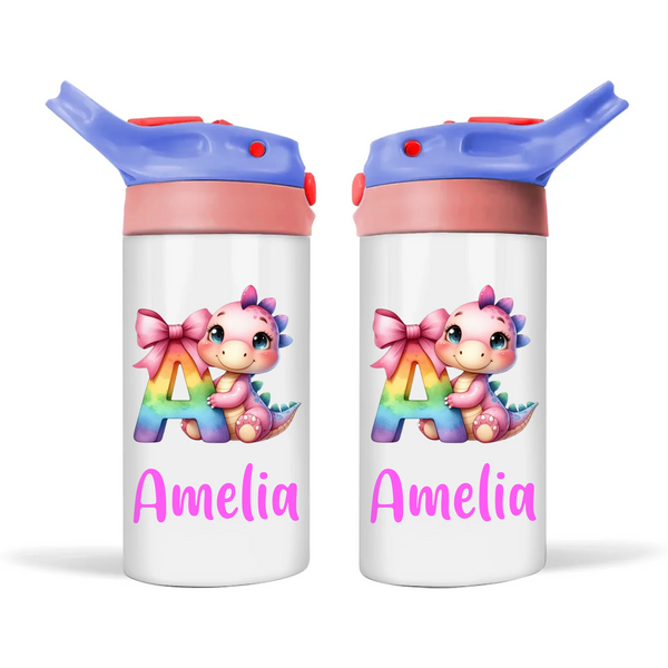 Personalised Pink Dino Alphabet Kids Sippy Bottle – Custom Double-Walled Stainless Steel Drink Bottle with Flip Top Lid