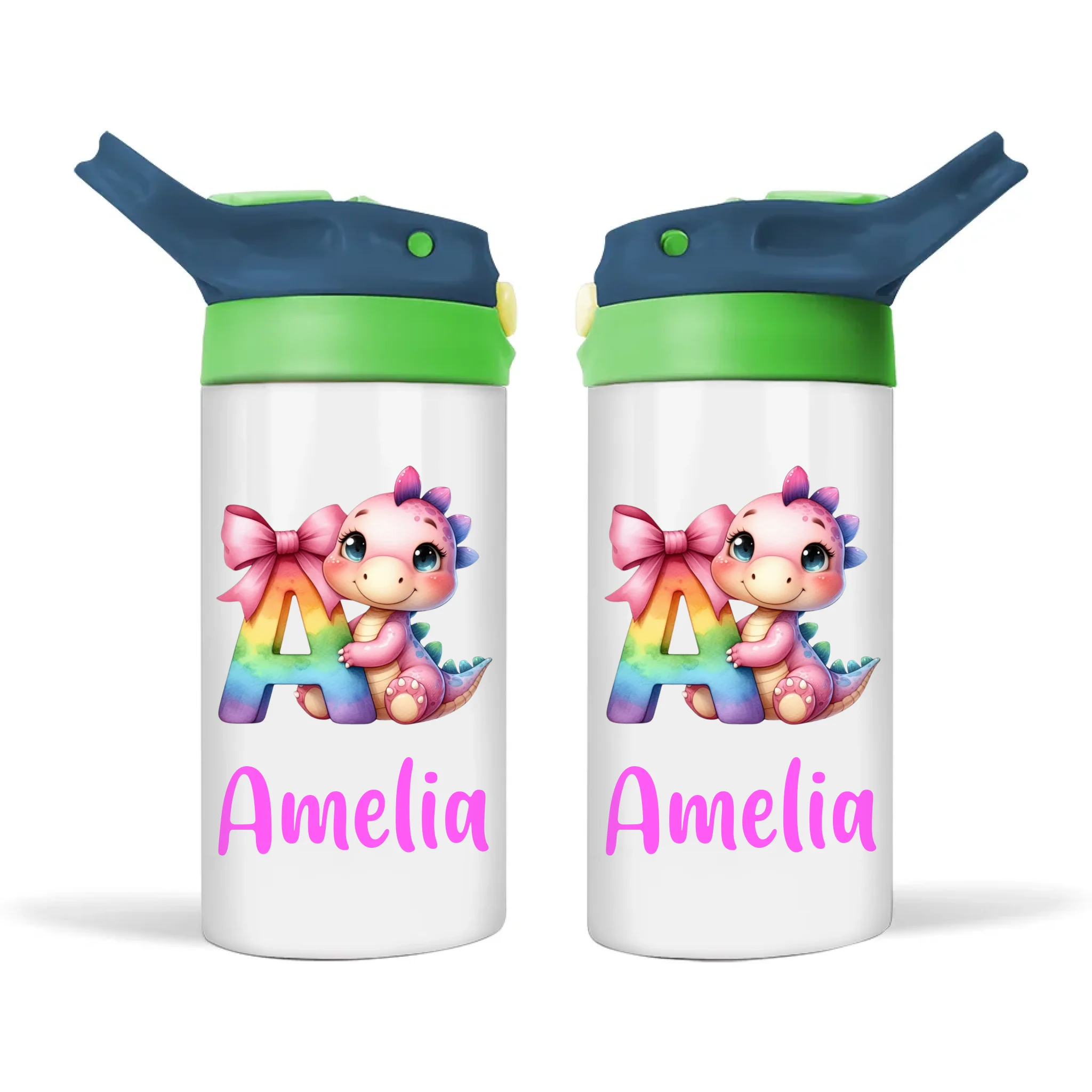 Personalised Pink Dino Alphabet Kids Sippy Bottle – Custom Double-Walled Stainless Steel Drink Bottle with Flip Top Lid