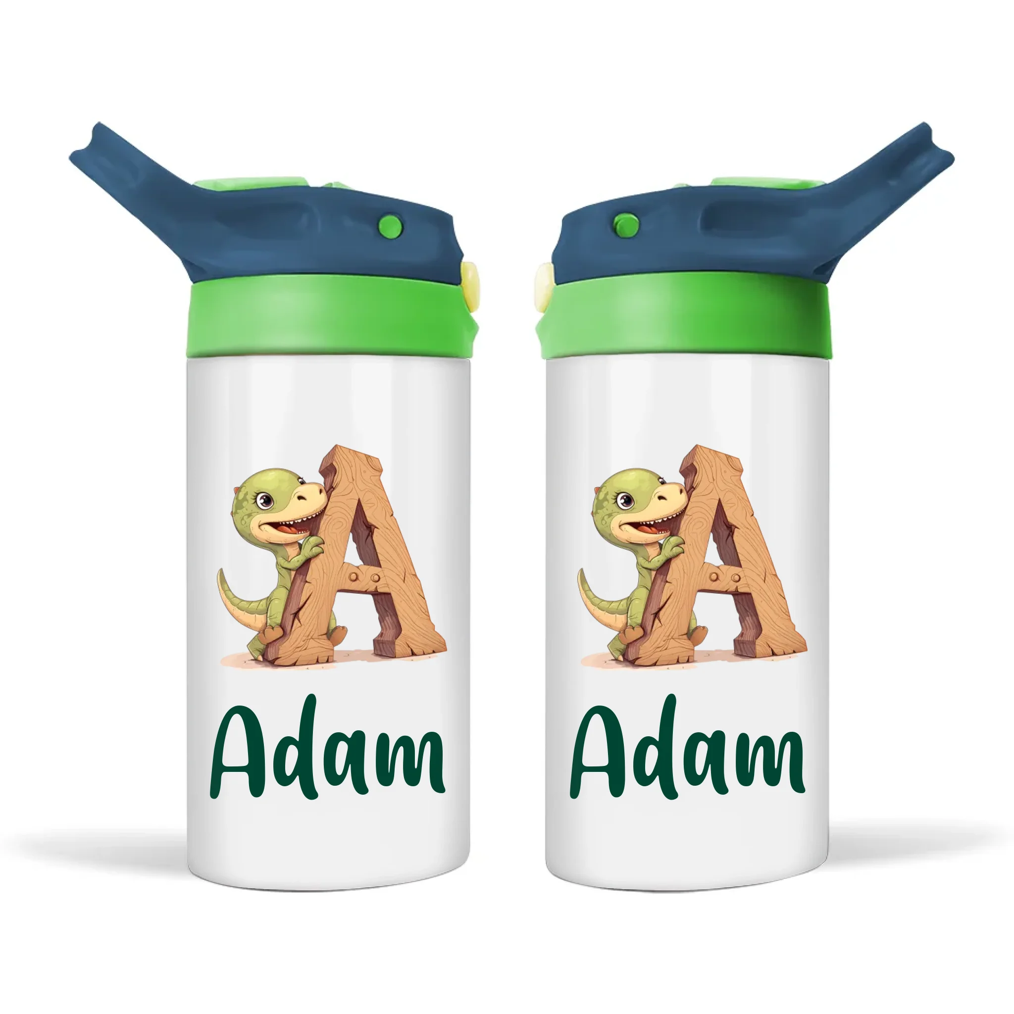 Personalised Dino Alphabet Kids Sippy Bottle – Custom Double-Walled Stainless Steel Drink Bottle with Flip-Top Lid