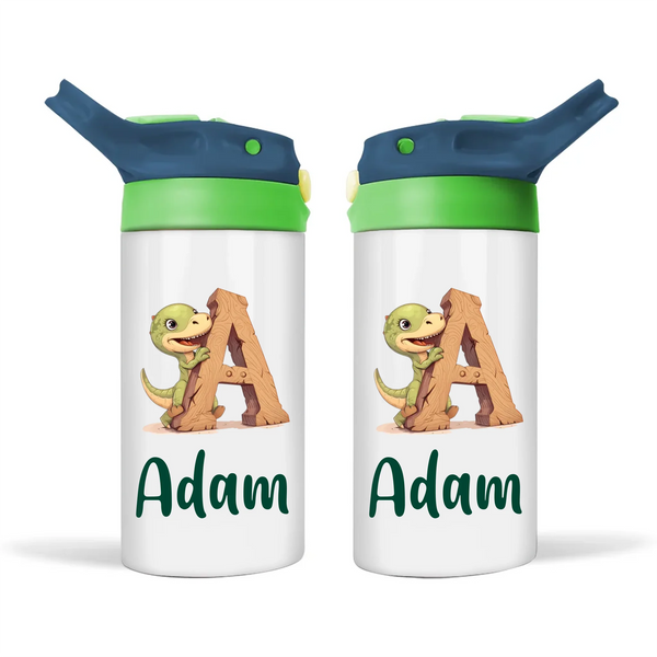 Personalised Dino Alphabet Kids Sippy Bottle – Custom Double-Walled Stainless Steel Drink Bottle with Flip-Top Lid