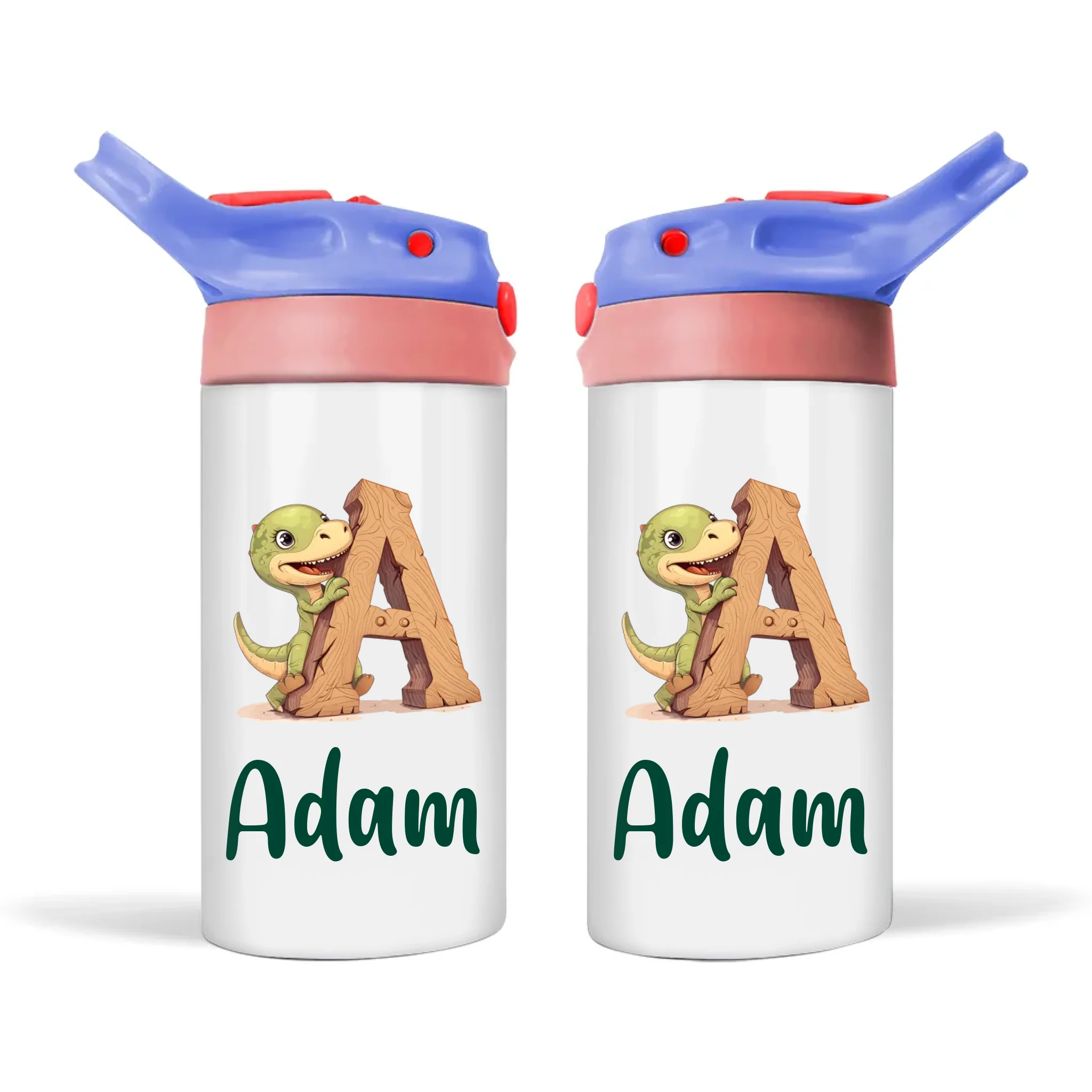 Personalised Dino Alphabet Kids Sippy Bottle – Custom Double-Walled Stainless Steel Drink Bottle with Flip-Top Lid