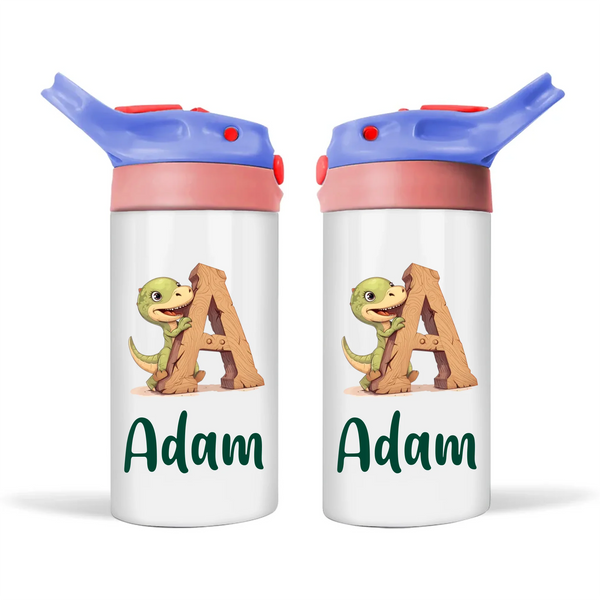 Personalised Dino Alphabet Kids Sippy Bottle – Custom Double-Walled Stainless Steel Drink Bottle with Flip-Top Lid