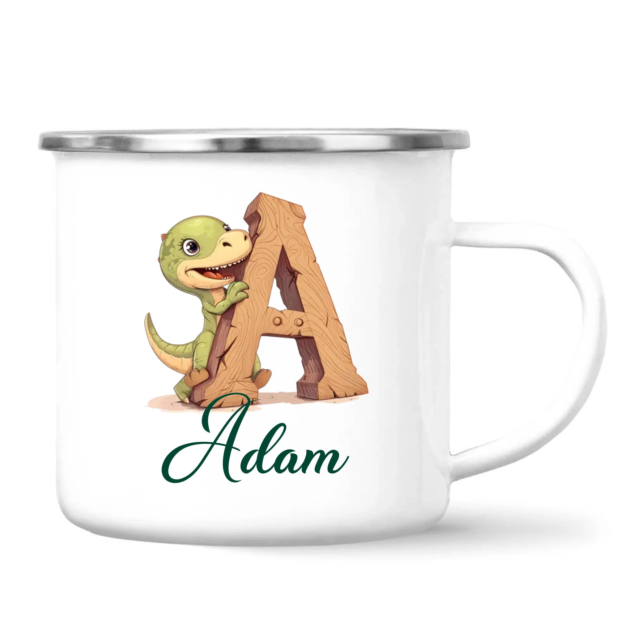 Personalised Dino Alphabet Kids Mug – Custom Name Cup with Cute Dinosaur & Wooden Letter Design | 11 oz, 6 oz & Enamel Options