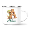 Personalised Dino Alphabet Kids Mug – Custom Name Cup with Cute Dinosaur & Wooden Letter Design | 11 oz, 6 oz & Enamel Options