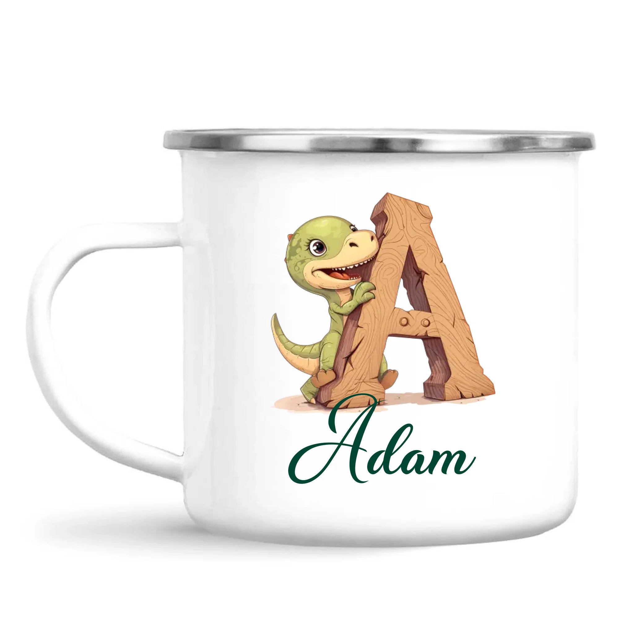 Personalised Dino Alphabet Kids Mug – Custom Name Cup with Cute Dinosaur & Wooden Letter Design | 11 oz, 6 oz & Enamel Options