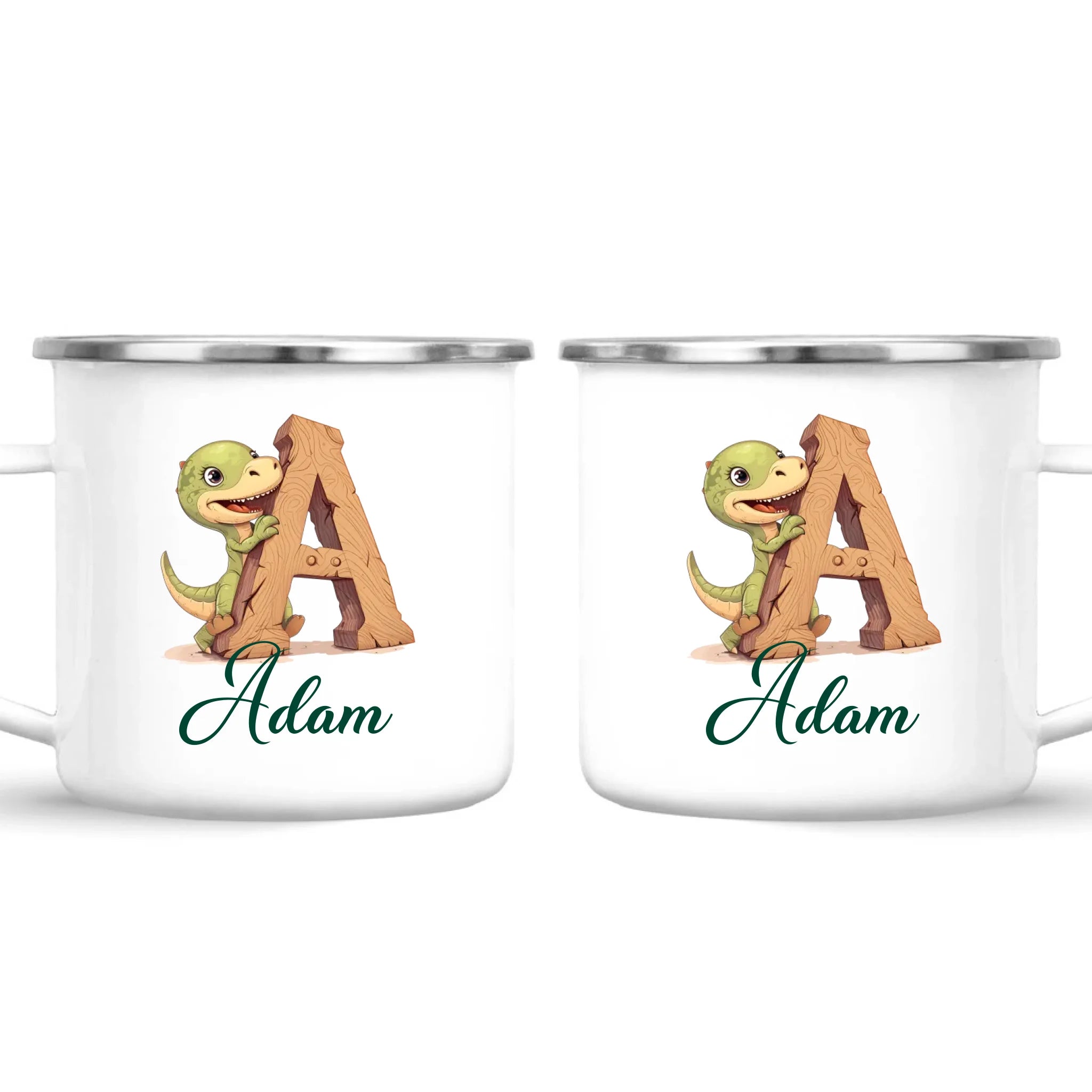 Personalised Dino Alphabet Kids Mug – Custom Name Cup with Cute Dinosaur & Wooden Letter Design | 11 oz, 6 oz & Enamel Options