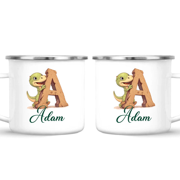Personalised Dino Alphabet Kids Mug – Custom Name Cup with Cute Dinosaur & Wooden Letter Design | 11 oz, 6 oz & Enamel Options