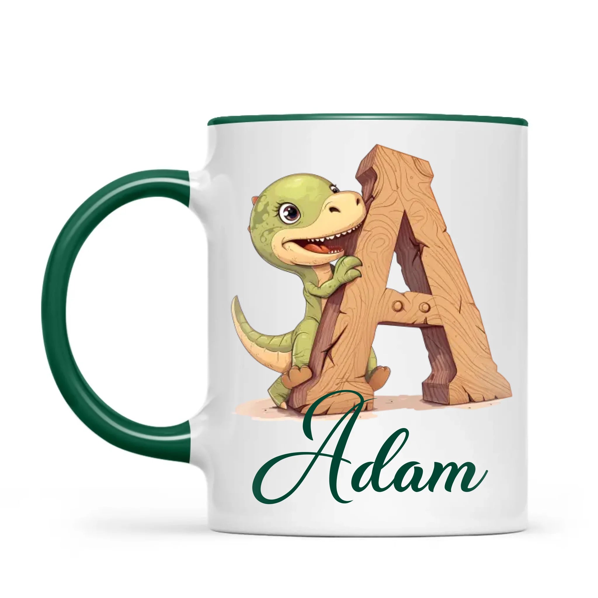 Personalised Dino Alphabet Kids Mug – Custom Name Cup with Cute Dinosaur & Wooden Letter Design | 11 oz, 6 oz & Enamel Options