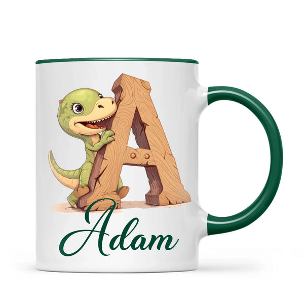 Personalised Dino Alphabet Kids Mug – Custom Name Cup with Cute Dinosaur & Wooden Letter Design | 11 oz, 6 oz & Enamel Options