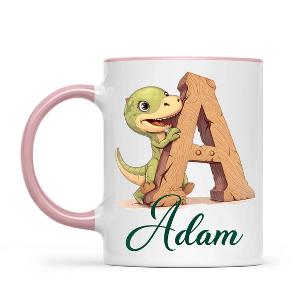 Personalised Dino Alphabet Kids Mug – Custom Name Cup with Cute Dinosaur & Wooden Letter Design | 11 oz, 6 oz & Enamel Options