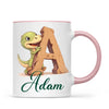 Personalised Dino Alphabet Kids Mug – Custom Name Cup with Cute Dinosaur & Wooden Letter Design | 11 oz, 6 oz & Enamel Options