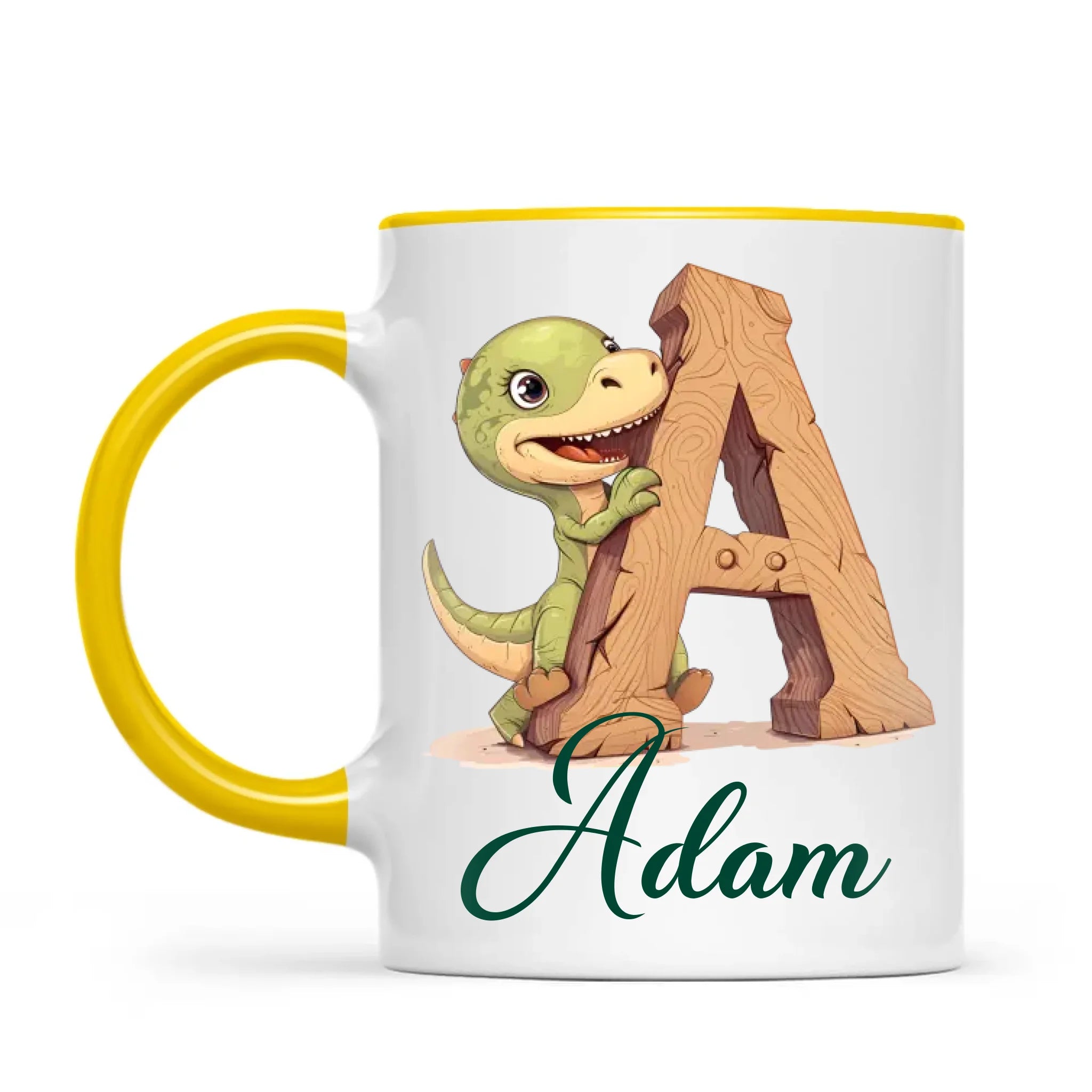 Personalised Dino Alphabet Kids Mug – Custom Name Cup with Cute Dinosaur & Wooden Letter Design | 11 oz, 6 oz & Enamel Options