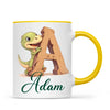 Personalised Dino Alphabet Kids Mug – Custom Name Cup with Cute Dinosaur & Wooden Letter Design | 11 oz, 6 oz & Enamel Options
