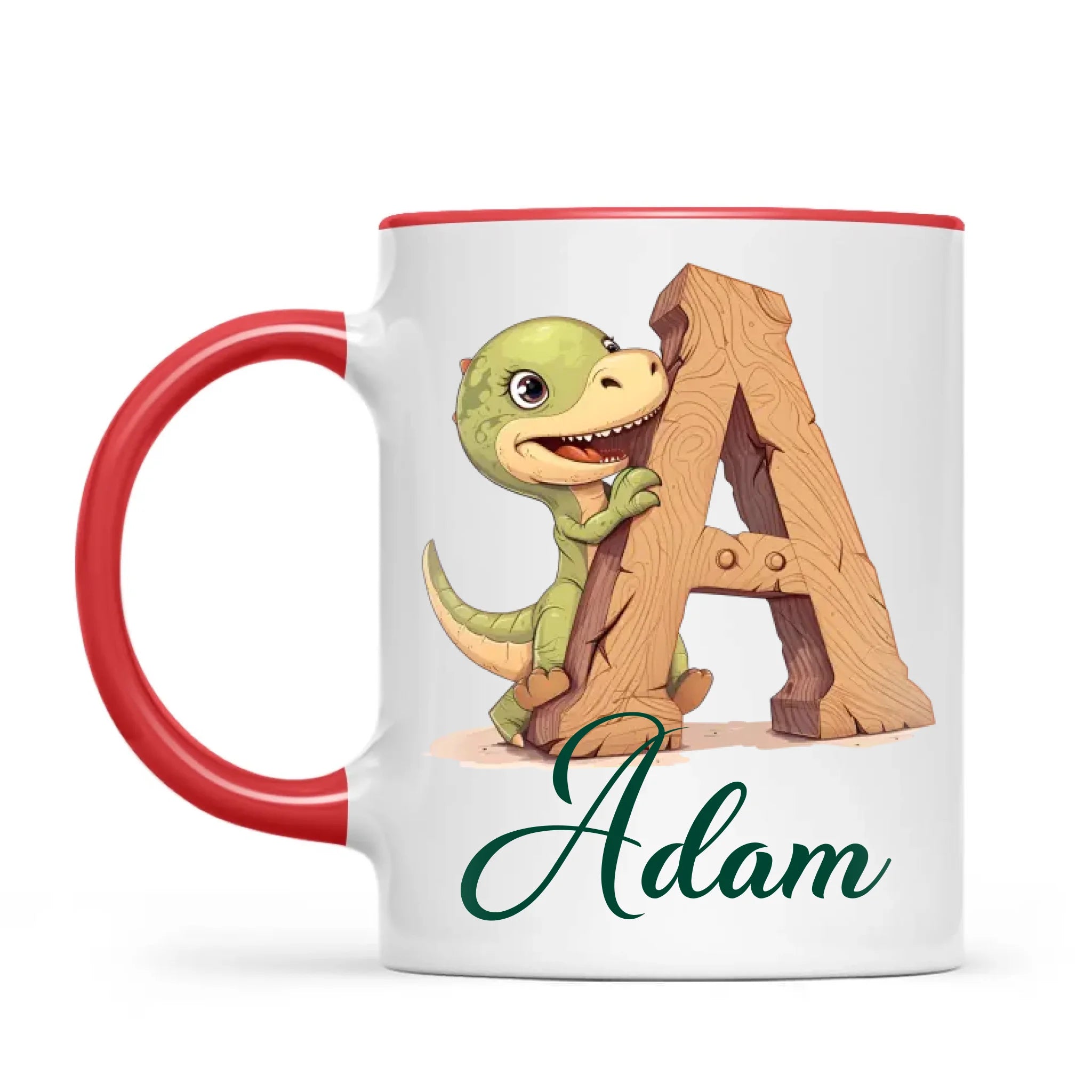 Personalised Dino Alphabet Kids Mug – Custom Name Cup with Cute Dinosaur & Wooden Letter Design | 11 oz, 6 oz & Enamel Options