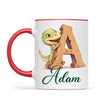 Personalised Dino Alphabet Kids Mug – Custom Name Cup with Cute Dinosaur & Wooden Letter Design | 11 oz, 6 oz & Enamel Options