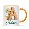 Personalised Dino Alphabet Kids Mug – Custom Name Cup with Cute Dinosaur & Wooden Letter Design | 11 oz, 6 oz & Enamel Options