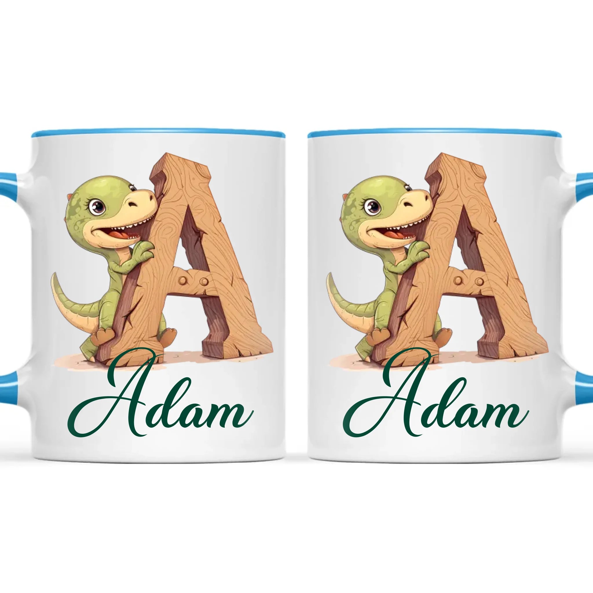 Personalised Dino Alphabet Kids Mug – Custom Name Cup with Cute Dinosaur & Wooden Letter Design | 11 oz, 6 oz & Enamel Options