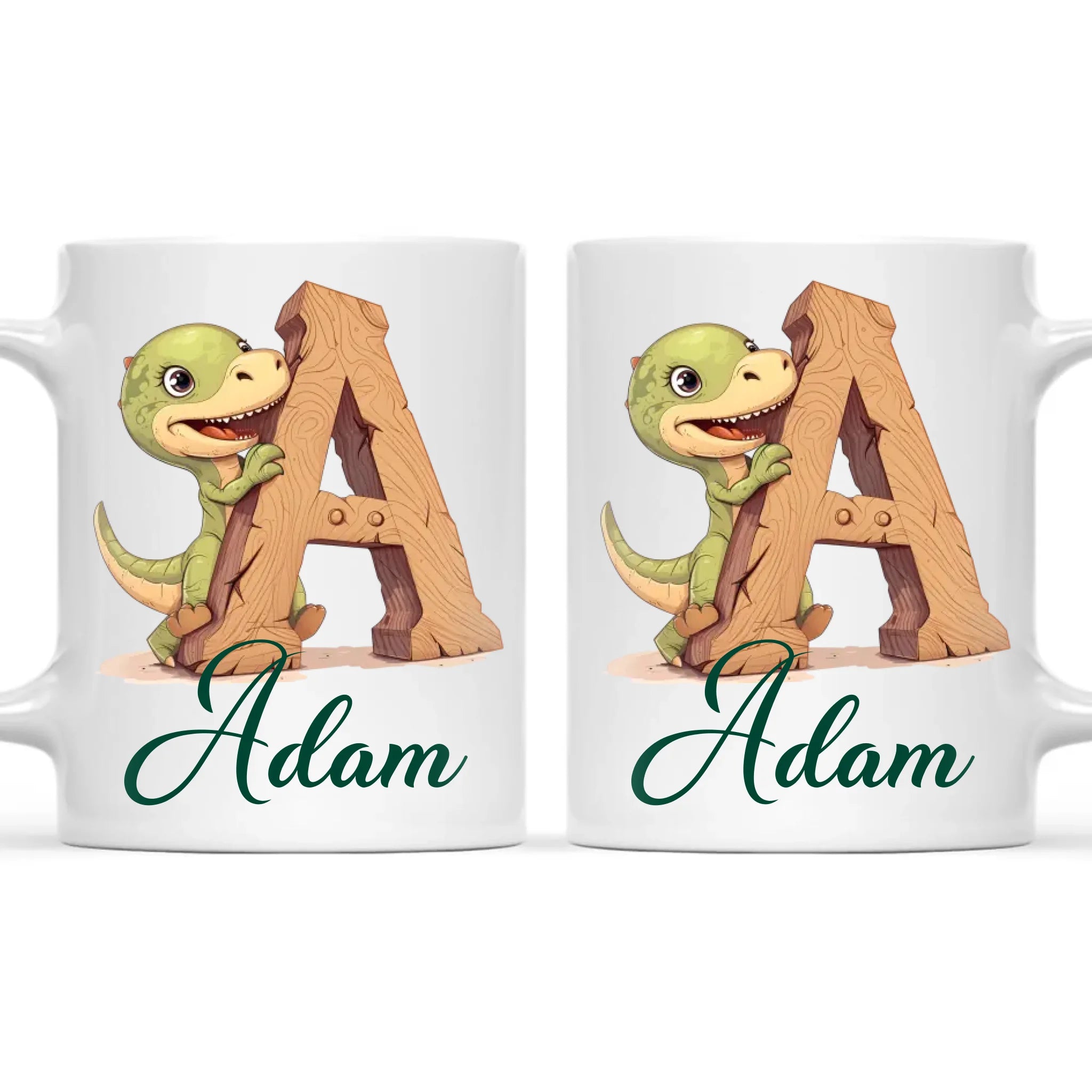 Personalised Dino Alphabet Kids Mug – Custom Name Cup with Cute Dinosaur & Wooden Letter Design | 11 oz, 6 oz & Enamel Options