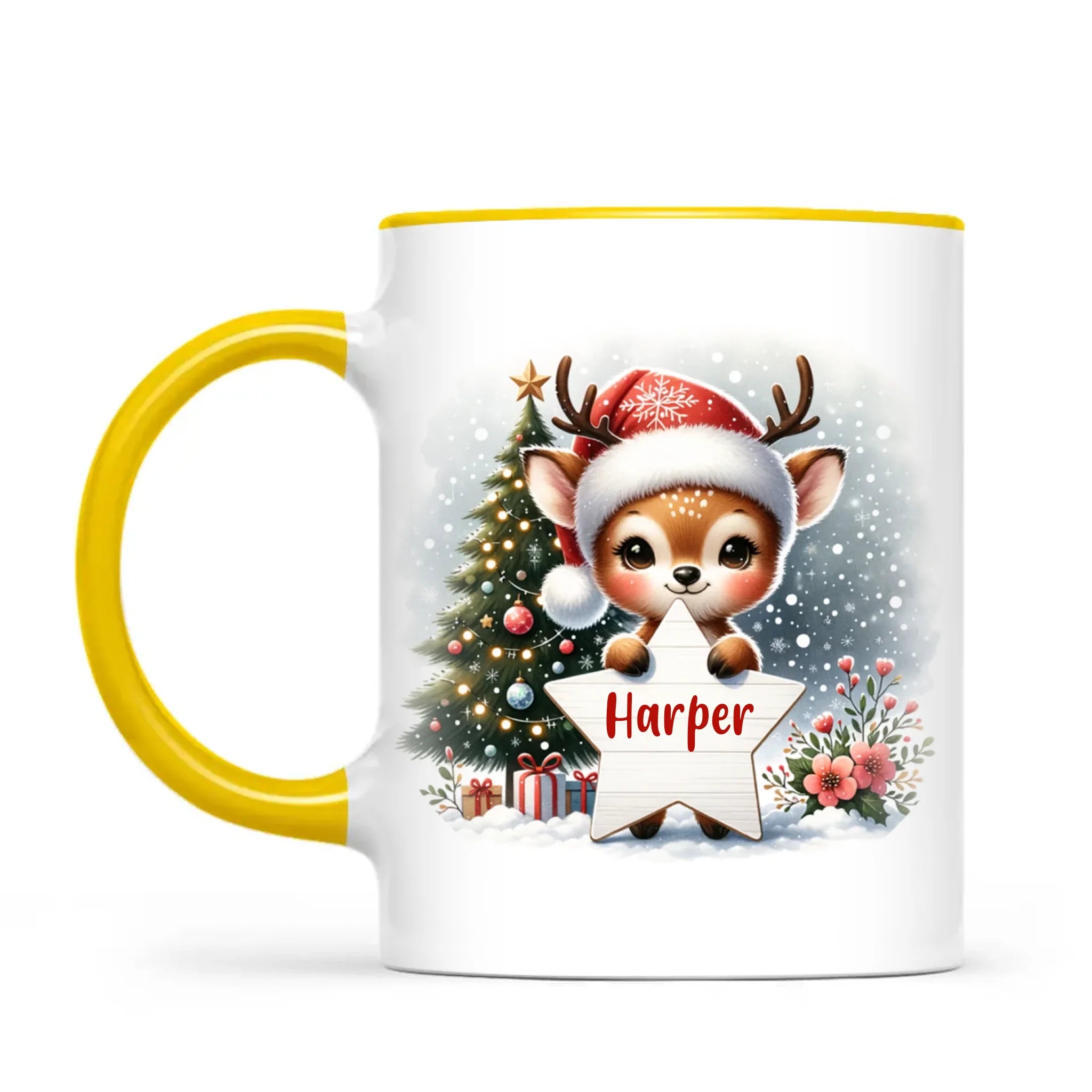 Personalised Christmas Reindeer Kids Mug – Custom Name Cup with Star Sign & Christmas Tree Design | 11 oz, 6 oz & Enamel Options