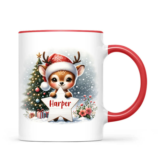 Personalised Christmas Reindeer Kids Mug – Custom Name Cup with Star Sign & Christmas Tree Design | 11 oz, 6 oz & Enamel Options