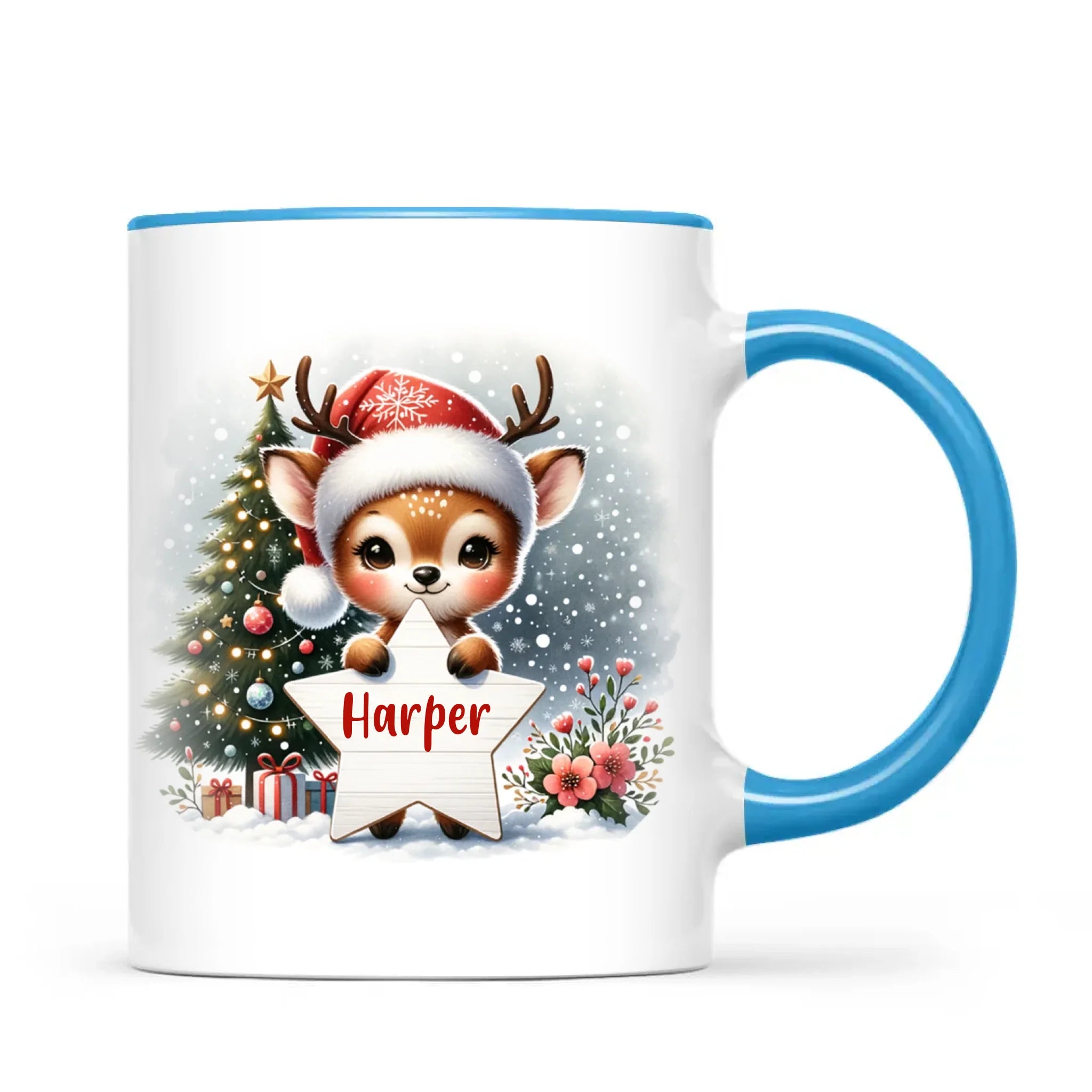 Personalised Christmas Reindeer Kids Mug – Custom Name Cup with Star Sign & Christmas Tree Design | 11 oz, 6 oz & Enamel Options