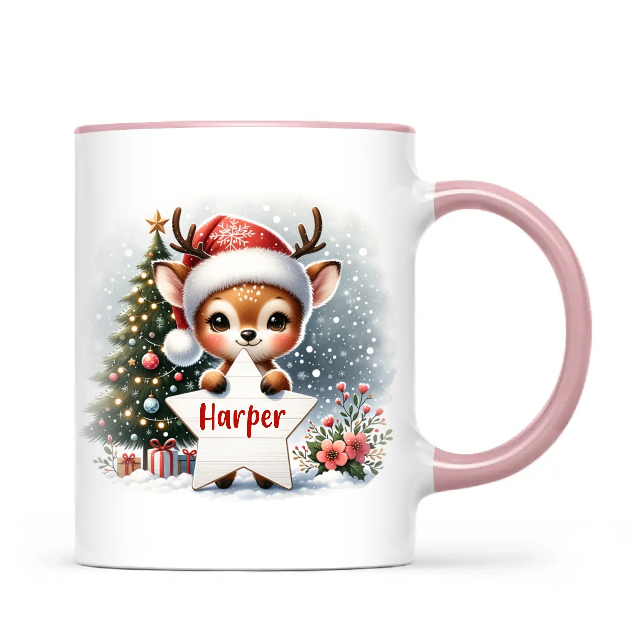 Personalised Christmas Reindeer Kids Mug – Custom Name Cup with Star Sign & Christmas Tree Design | 11 oz, 6 oz & Enamel Options