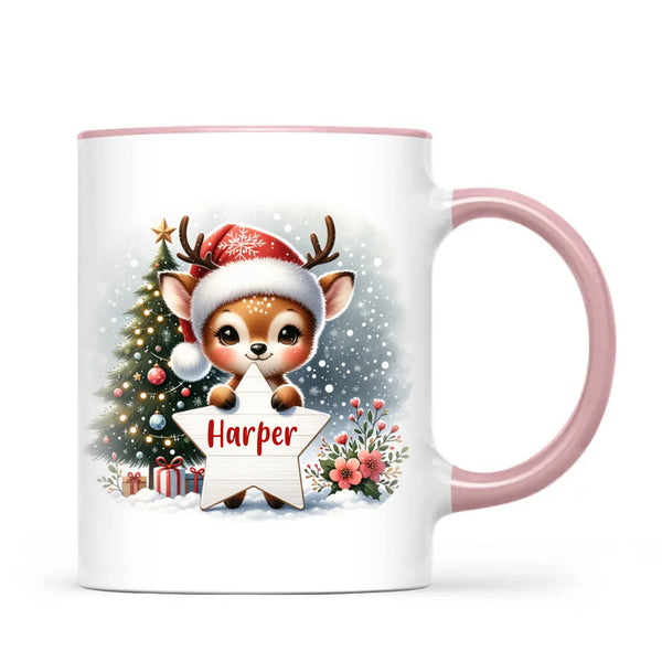 Personalised Christmas Reindeer Kids Mug – Custom Name Cup with Star Sign & Christmas Tree Design | 11 oz, 6 oz & Enamel Options