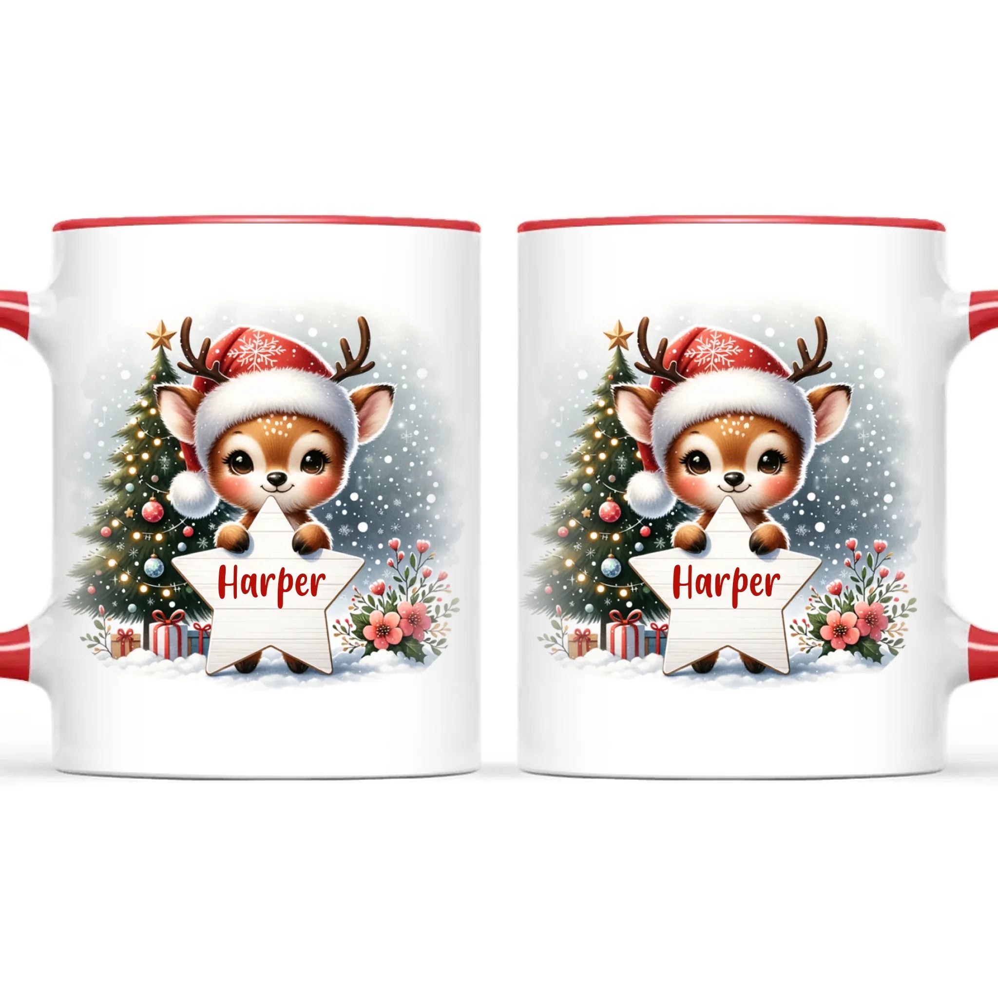 Personalised Christmas Reindeer Kids Mug – Custom Name Cup with Star Sign & Christmas Tree Design | 11 oz, 6 oz & Enamel Options