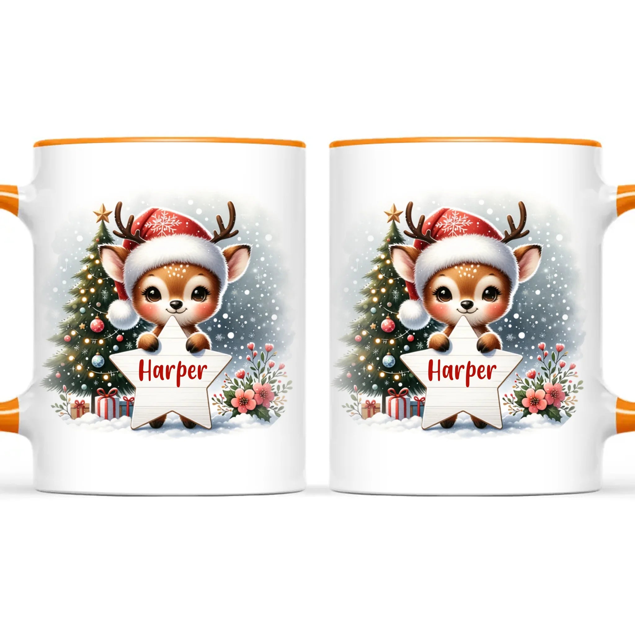 Personalised Christmas Reindeer Kids Mug – Custom Name Cup with Star Sign & Christmas Tree Design | 11 oz, 6 oz & Enamel Options